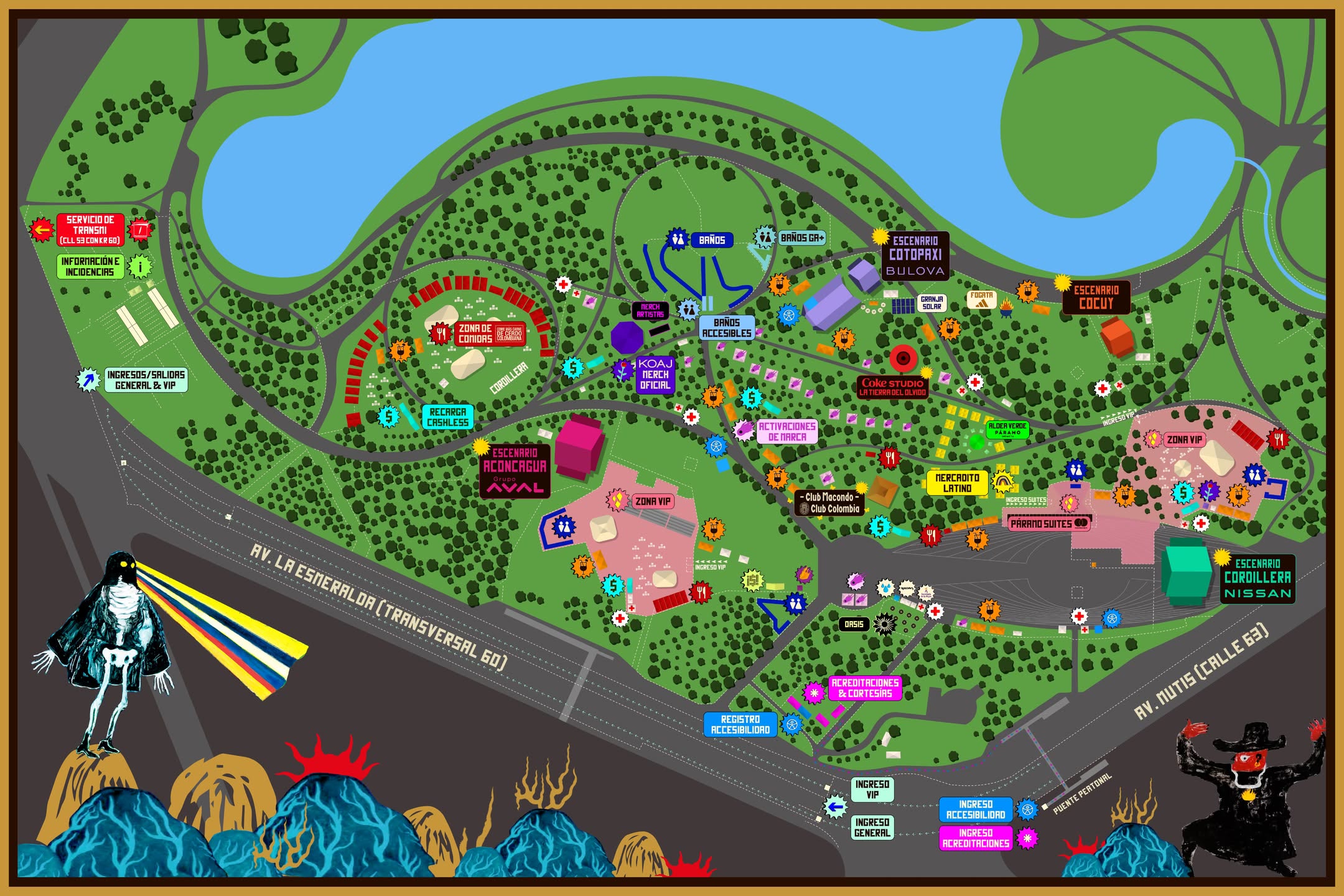 Mapa del Festival Cordillera en el Parque Simón Bolívar. De occidente a oriente: ingresos general, VIP y accesibilidad, servicio de TransMi, zona de comidas, Escenario Aconcagua, Mercadito Latino, Zona VIP, Páramo Suites y los escenarios Cordillera, Cotopaxi y Cocuy.